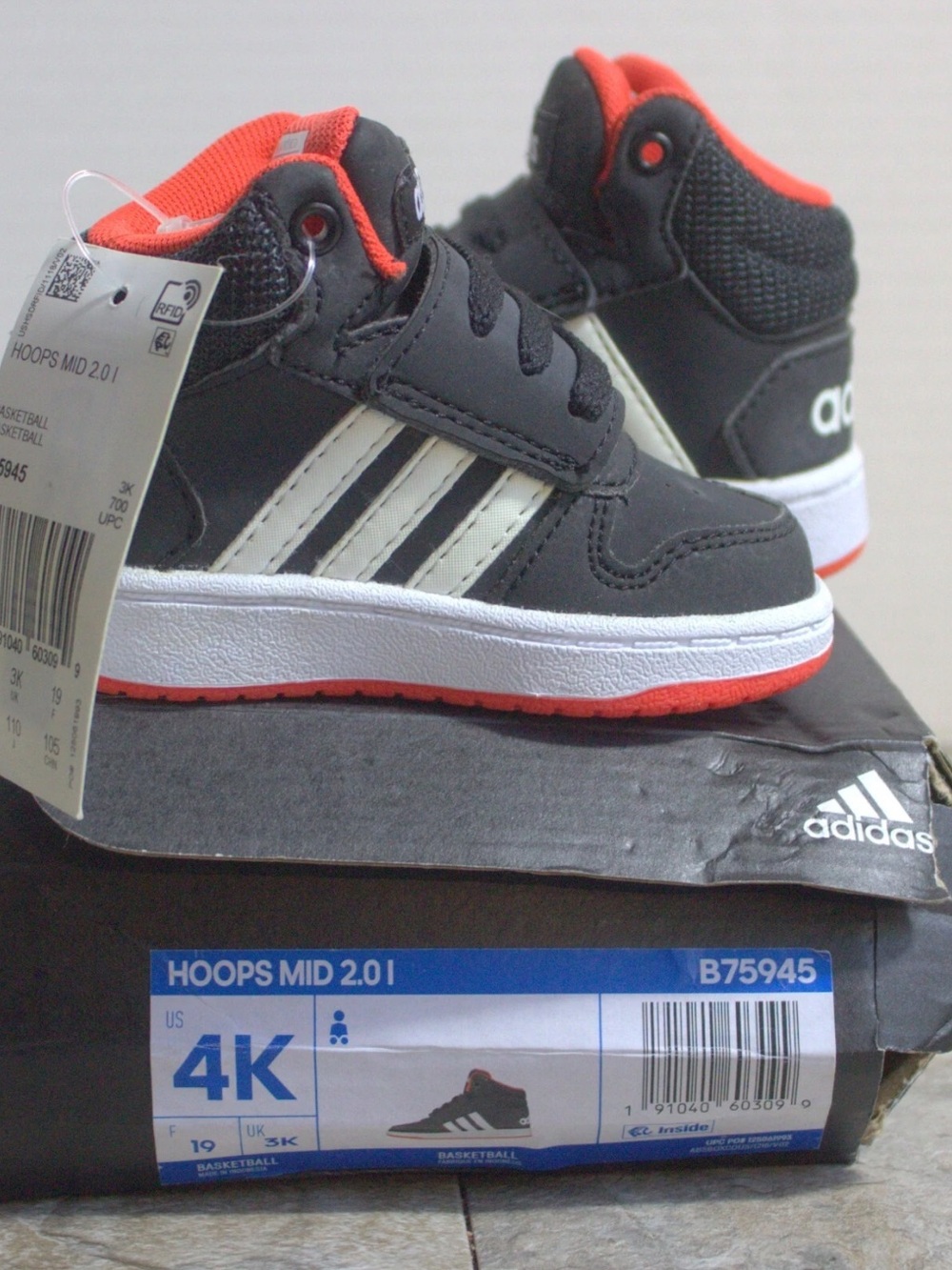 Adidas Hoops Mid 2.0 High Toddler Sz 4K Kids Black & Red High-Top Sneakers
